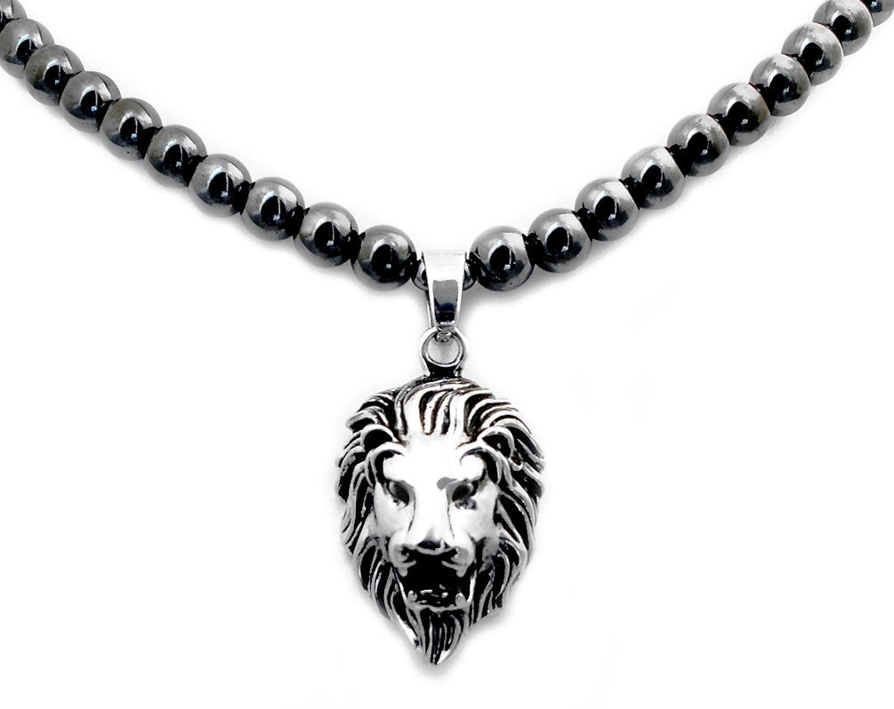 Accents Kingdom Men's Hematite Therapy & Healing Stone Round Bead Necklace With Stainless Steel Lion Head Pendant 22"