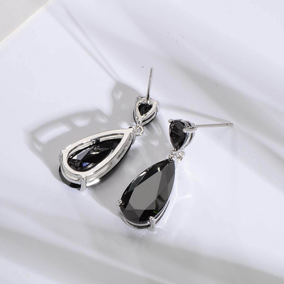 Mycitta Black Jewelry Set for Women - Formal 14k White Gold Plated Teardrop Cubic Zirconia Crystal CZ Rhinestone Drop Earrings and Pendant Necklace Set for Prom Party