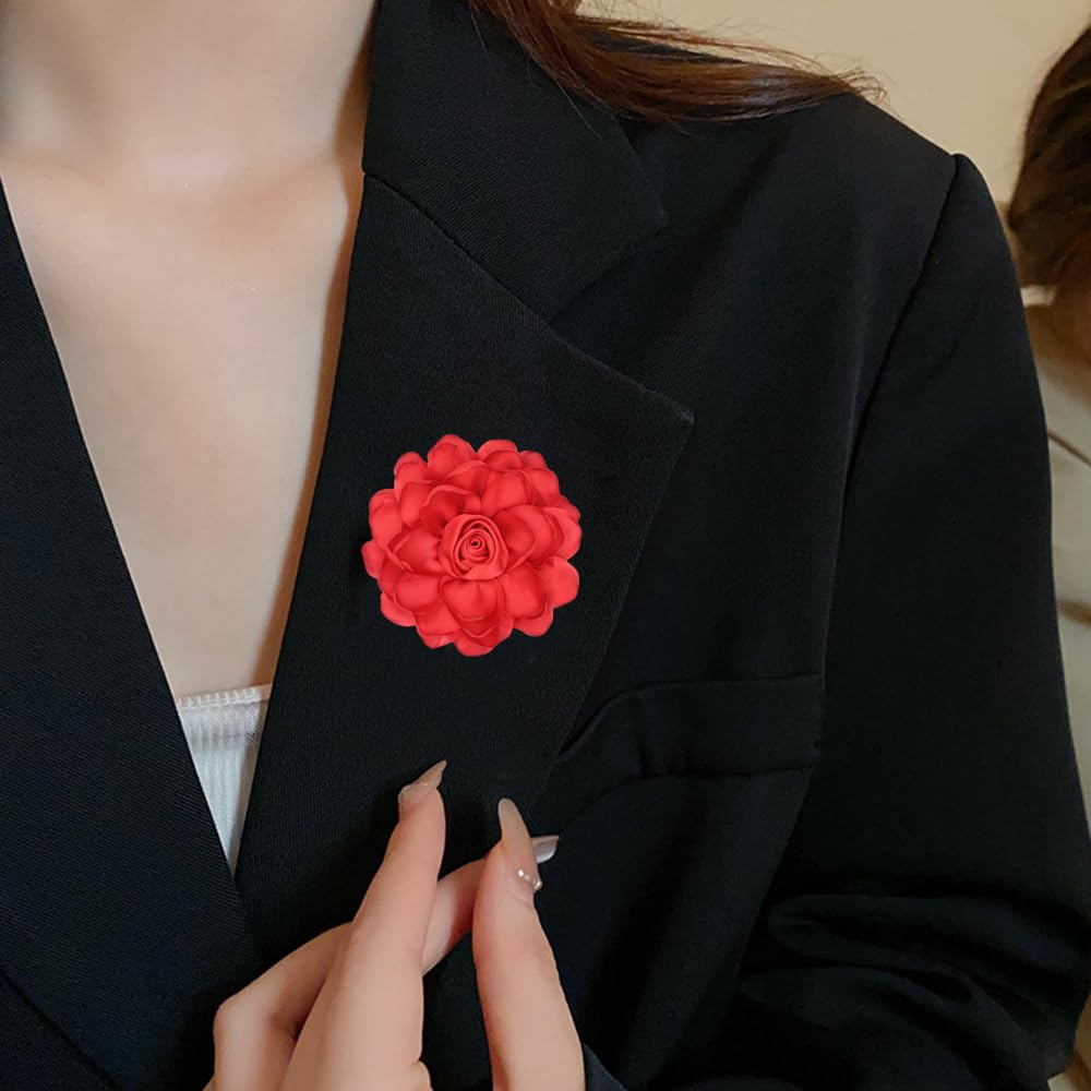Elegant Large Cloth Flower Brooches Big Camellia Flower Pin for Women Dainty Cloth Fabric Rose Brooches Dress Skirt Scarf Hat Pins Clothing Decoration Accessories (Red A)