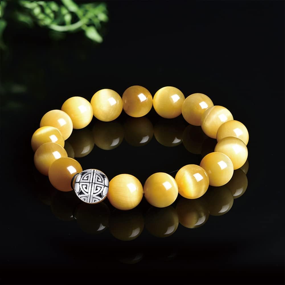MetJakt Healing Crystals Beaded Bracelets for Womens Natural Gemstone 8mm Beads Stretch Bracelets with 925 Sterling Silver Double Happiness Pendant (Golden Tiger Eye)