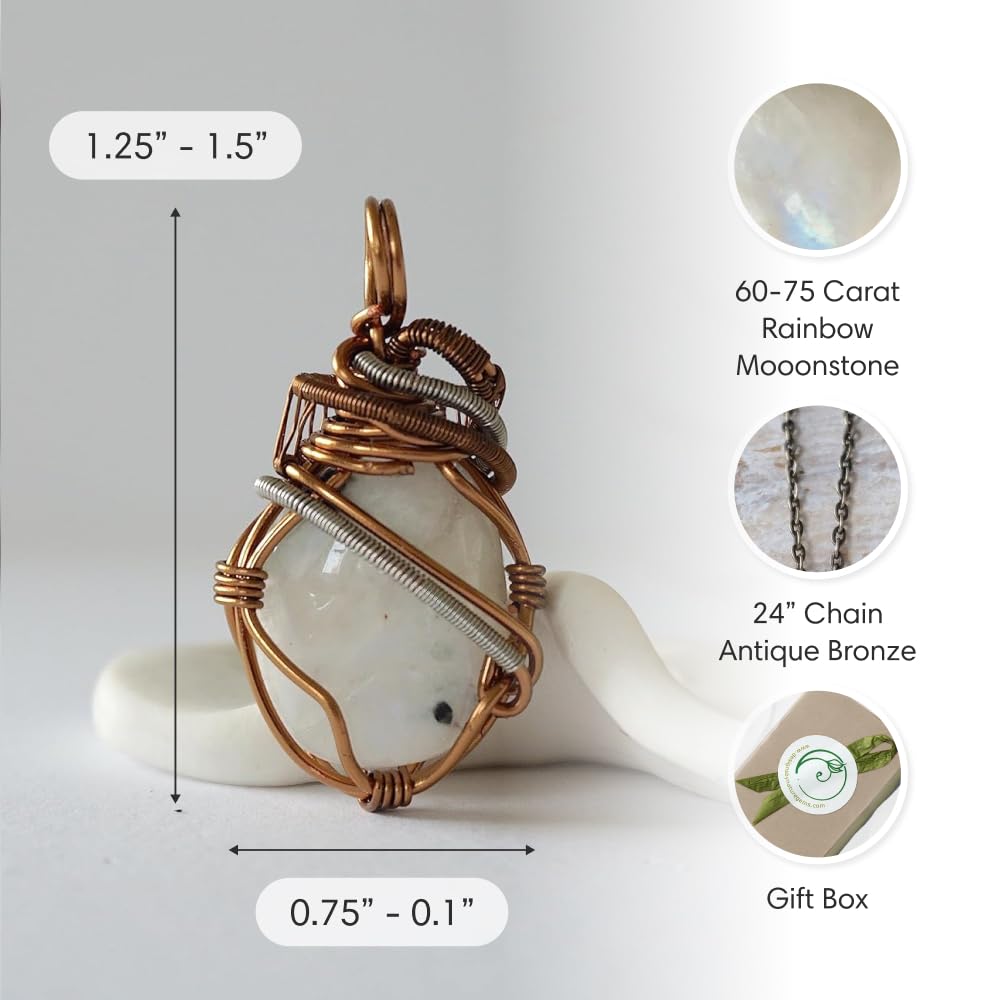 Designs by Nature Gems Natural Rainbow Moonstone Necklace for Women - June Birthstone Necklace for Women - Designer Pendant Necklace - 60-75 Carat Rainbow Moonstone, Antique Bronze Chain