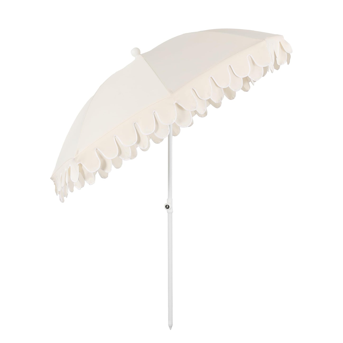 JONATHAN Y UMB1004C Horizon 6.5 ft. Classic MidCentury Scalloped Fringe Market Beach Umbrella with Push-Button Tilt, Wind Vent and UV Protection, and Matching Carry Bag in Cream/White, White Pole