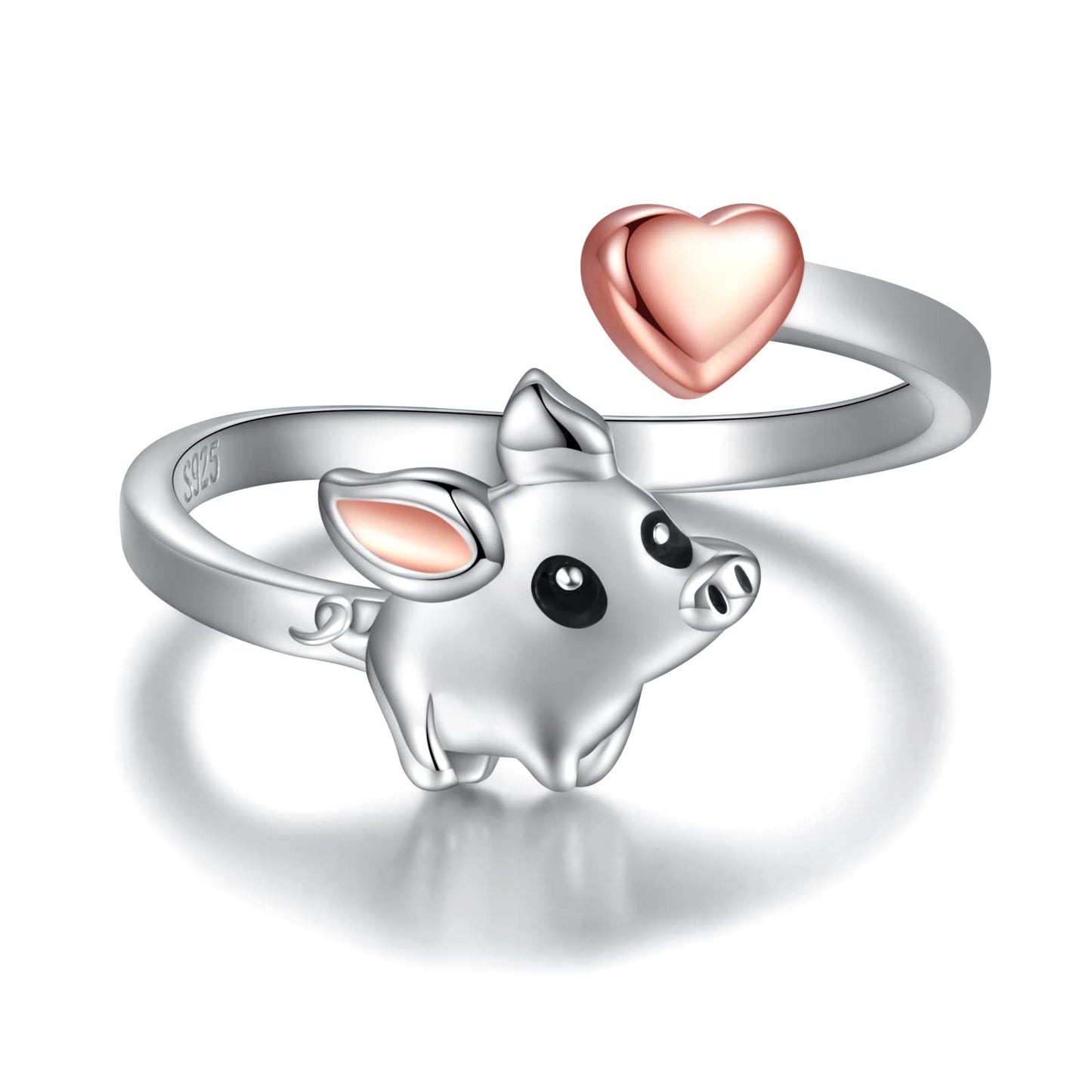 Zepmais 925 Sterling Silver Animal Ring - Adjustable Open Owl Axolotl Rings with Heart Cubic Zirconia Opal Cute Animals Jewelry Gifts for Women (Pig)