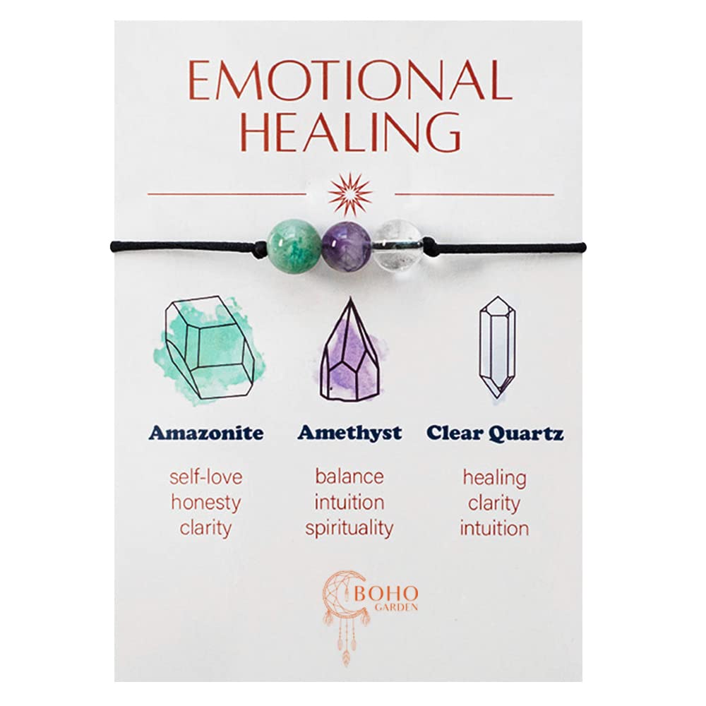 BOHO GARDEN Healing Crystal Bracelet for Emotional Healing - 3 Real Natural Gem Stones - Adjustable, Beaded Bracelets for Men, Women, Teens - 8mm Bead