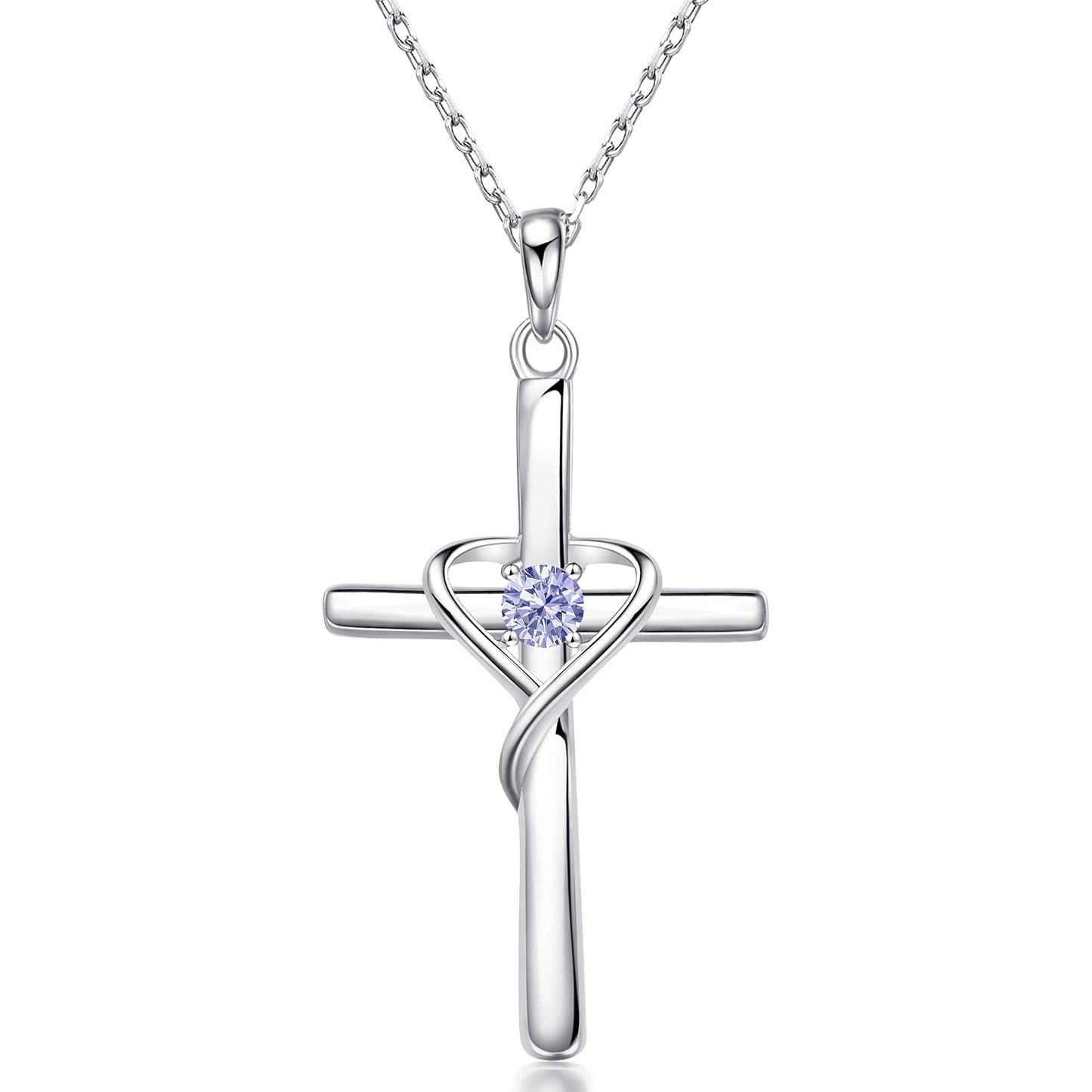 AmorAime 925 Sterling Silver Cross Necklace for Women Men 14K Gold Plated 5A CZ Birthstone Necklaces for Holiday (F.Light Purple-June-Alexandrite)