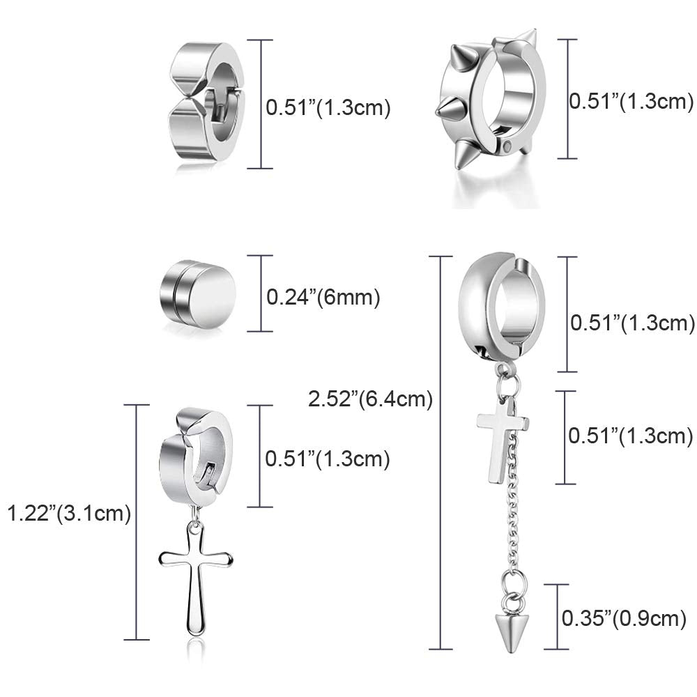 5 Pairs Black Stainless Steel Non-Piercing Spike Rivet Cross Dangle Tassel Clip on Hoop Earrings Set for Women Men, Non Pierced Fake Ear Clip Stud Earrings (Silver)