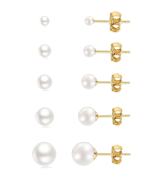 5 Pairs Pearl Stud Earrings for Women, 14K Gold Filled Polished Small Pearl Earrings Set, 20G Hypoallergenic Surgical Steel Piercing Studs for Sensitive Ear, Lightweight Shiny Earrings Studs for Helix Tragus Cartilage Multiple Piercing, 3.5-7MM