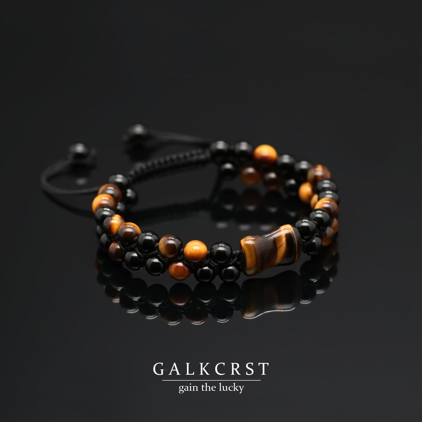 GALKCRST Tiger Eye Black Obsidian Bracelet for Men, Double Layer Natural Stone Beads Bracelet with Bone-Shaped Tiger Eye Focal Bead, Adjustable Braided Cord Triple Healing Crystal Bracelet, Men's Jewelry Gift