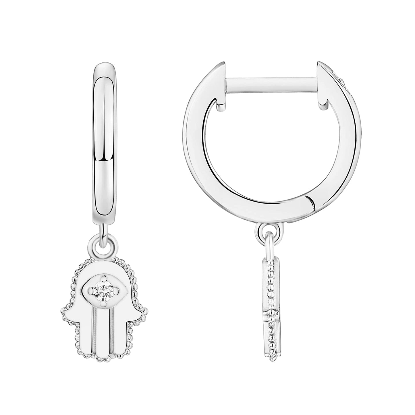 PAVOI Rhodium Plated 925 Sterling Silver Post Good Luck Dangle Huggie Hoop Earrings For Women - Trendy Hamsa Drop Hoop Earrings - Cubic Zirconia Small Hinged Huggies