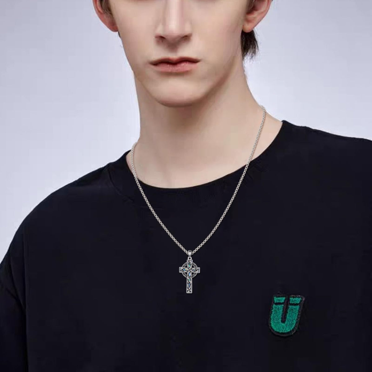 VONALA Celtic Cross Necklace 925 Sterling Silver Abalone Shell Celtic Knot Cross Pendant Necklace Religious Christian Irish Jewelry Gifts for Women Men