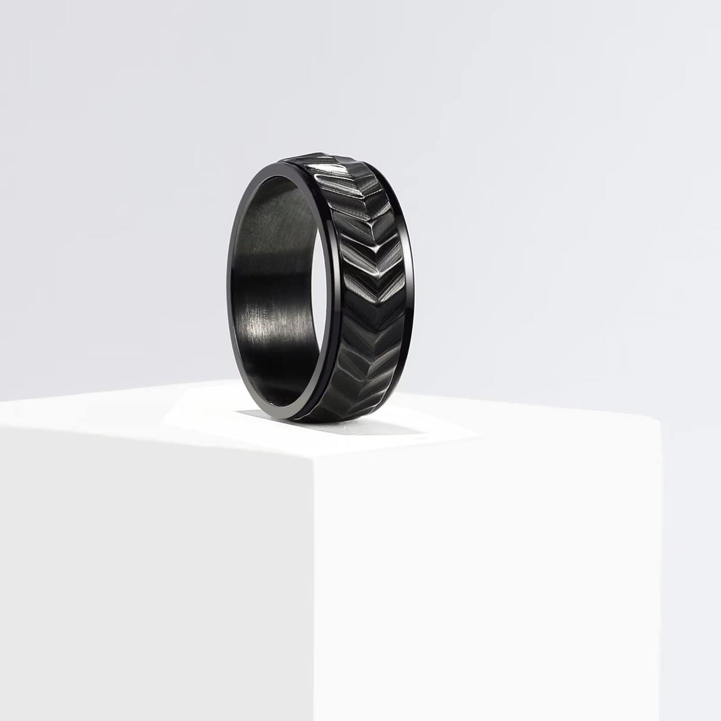 King Will Mens Black 8mm Spinner Rings Tire Stripe Groove Stainless Steel Anxiety Fidget Ring for Men 11