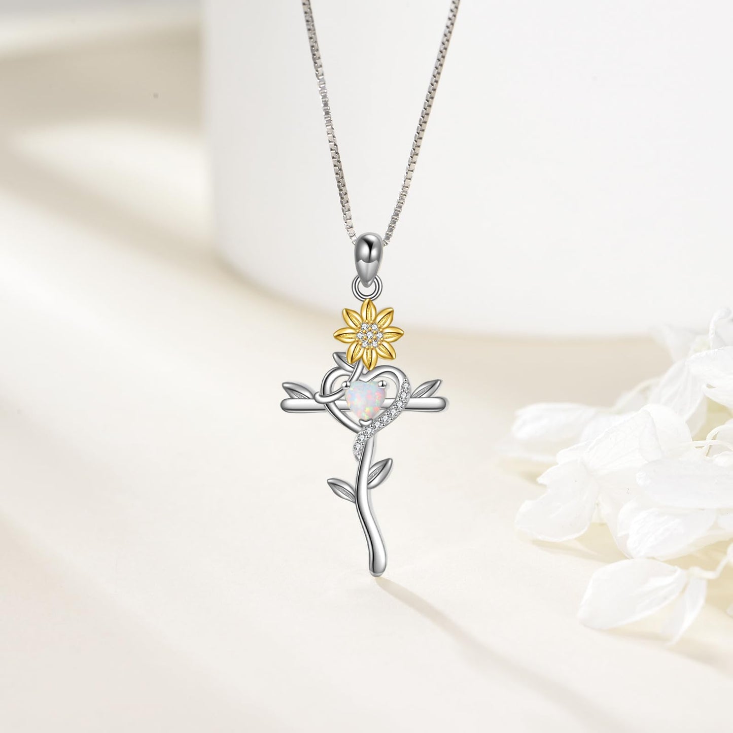 POPLYKE Cross Necklace for Women Sunflower Cross Necklace 925 Sterling Silver Opal Pendant Religious Jewelry Sunflower Gift for Her