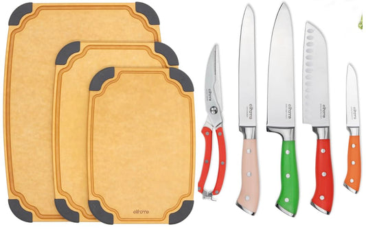 Elihome Essential 3-piece Dishwasher Safe Non Slip Juice groove Cutting Board Set and 5-piece Premium Stainless Steel Kitchen Knife Set
