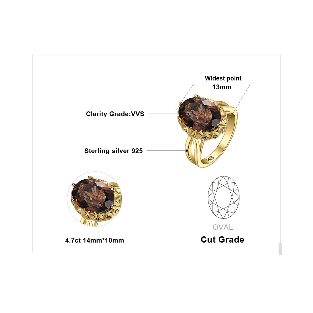 JewelryPalace Huge Oval Shape 5.7ct Genuine Smoky Quartz Cocktail Rings for Her, 14K Yellow Gold Plated 925 Sterling Silver Ring for Women, Natural Gemstone Jewelry Sets Rings 9