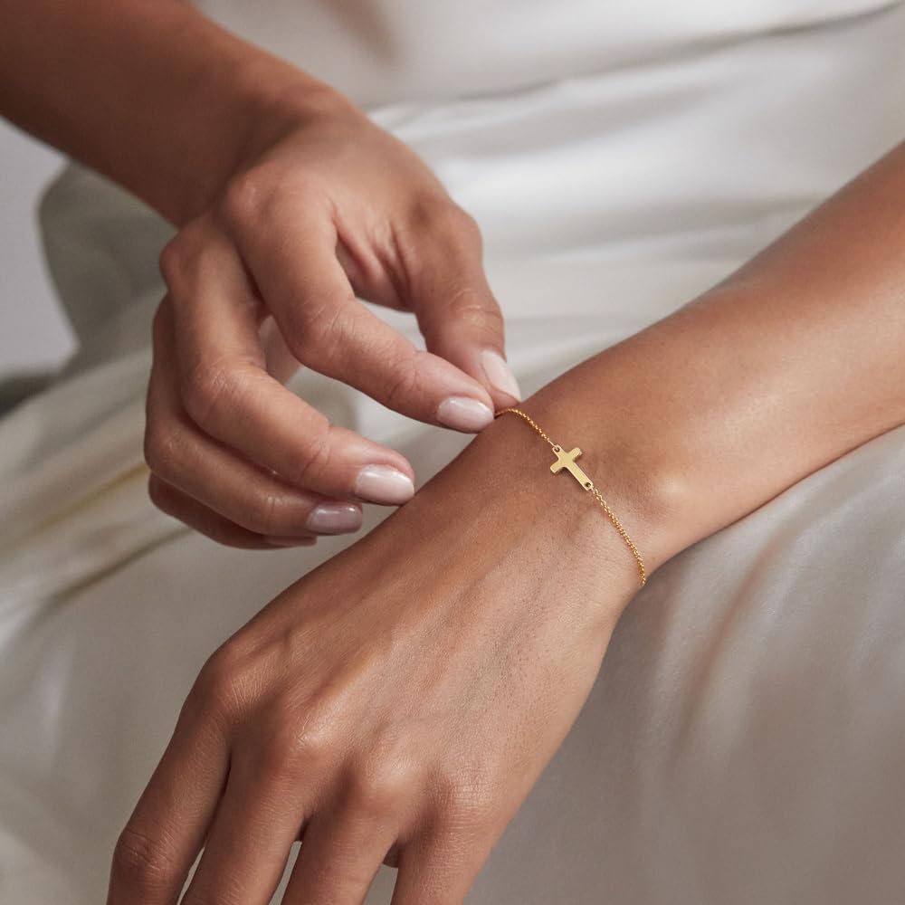Tewiky Cross Bracelet for Women Dainty 14k Gold Plated Cubic Zirconia Cute Tiny Bracelet Confirmation Gifts for Women