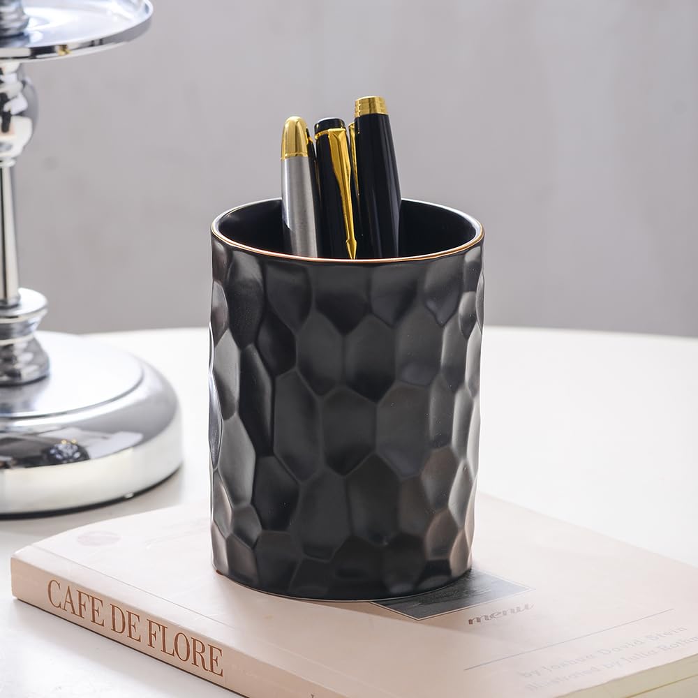 Aesthetic Desk Organizer Set of 2 For Office, Ceramic Pen Holder and Paper Clip Holder Dispenser, Cute Pencil Cup Pot for Desk, Desktop Accessories For Women Men, Office Decor Ideal Gifts (Black Set)