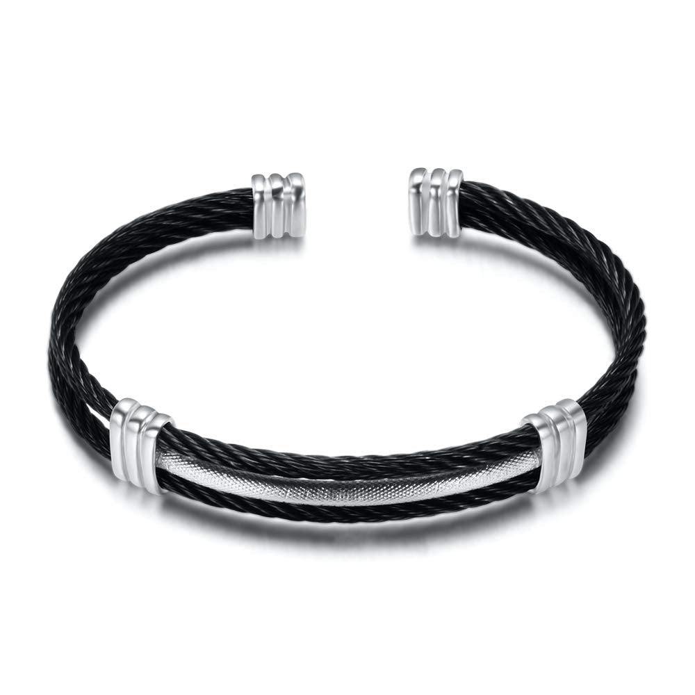 LXBQYSTO Cable Wire Twisted Cuff Bangle Bracelet For Women 14K Gold/rose/silver Stainless Steel Jewelry for Women Gift (Cuff-Black&Silver)