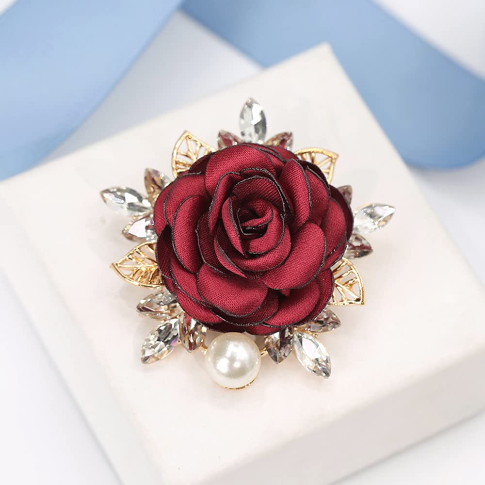 Elegant Rose Flower Brooch Pin for Women Men Wedding Party Gentleman's Essentials Handmade Imitation Crystal Pearl Fabric Flowers Lapel Pin Dress Suit Accessories Boutonniere Ideas Gift (Red)
