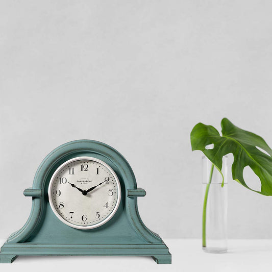 Presentime & Co. Mantel Clock Vintage Farmhouse Series, Napoleon Desk & Shelf Clock, 13 x 10 inch, Domed Lens, Quartz Movement, ABS Plastic Case, Aged Teal Finish (Home/Tabletop Decoration)