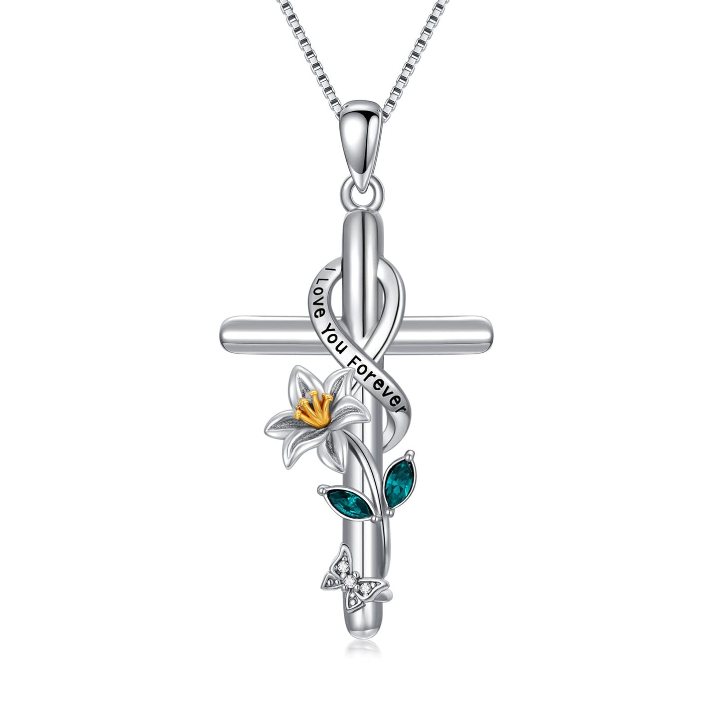 Flpruy Lily Necklace 925 Sterling Silver May Birth Flower Pendant Necklace Birth Month Flower Pendant Cross Necklace Birthday Jewelry Gifts for Women Her Mom