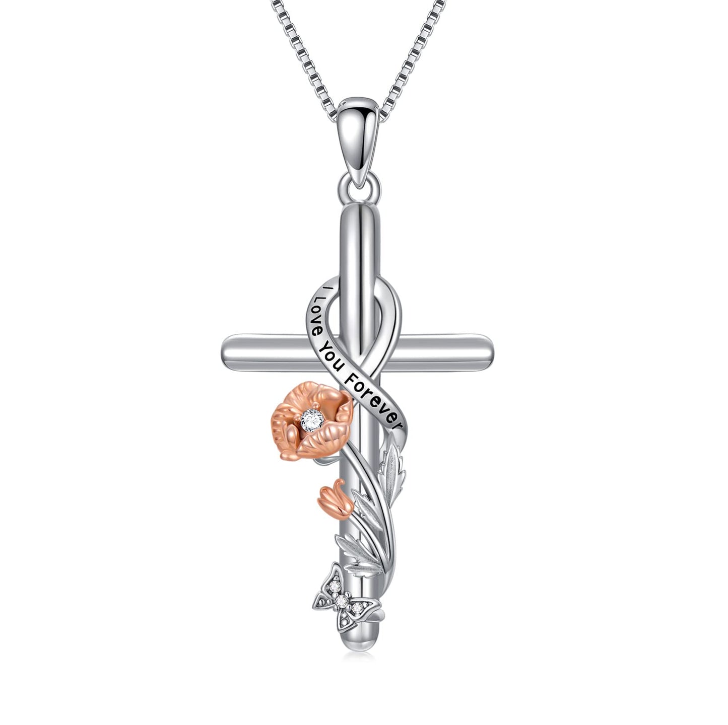 Flpruy Poppy Necklace 925 Sterling Silver Birth Flower Necklace Poppy Cross Jewelry 12 Month Birth Flower Floral Pendant Birthday Jewelry Gifts for Women Mom