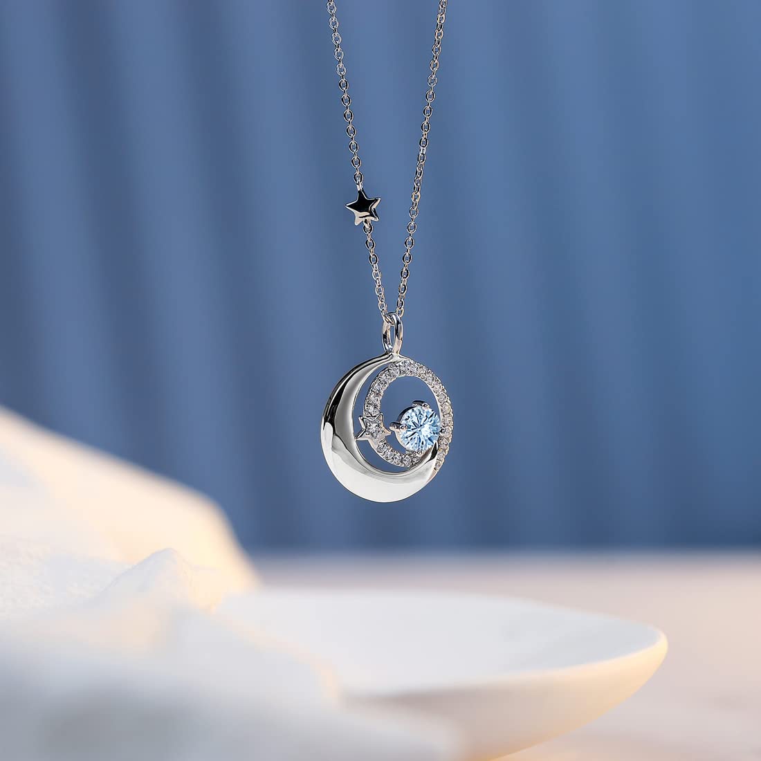 FANCIME Aquamarine Necklace March Birthstone Moon Star Pendant 925 Sterling Silver Blue Fine Jewelry Birthday Anniversary Mothers Day Gifts for Women Mom Daughter, Adjustable Chain 16+2"