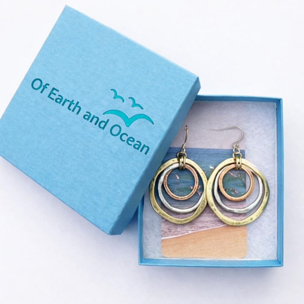 Handmade Sunrise Earrings – Cape Cod USA Award-Winning Artist Judith Stiles – Lightweight Mixed Metal Dangle Earrings – Hammered Brass, Copper & Silver Tone Circles – Coastal Beach Jewelry, Boho Style with a Yoga Heart – A Great Gift for Women