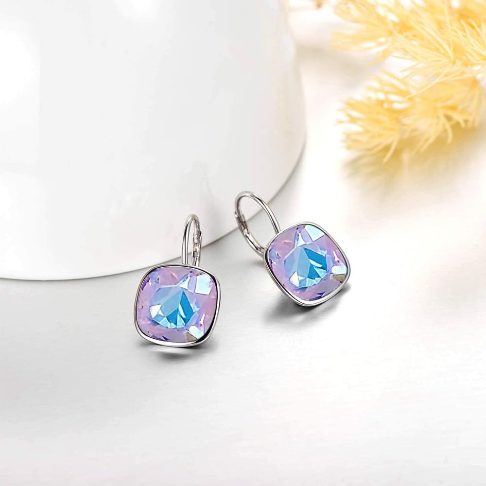 AOBOCO Sterling Silver Leverback Earrings Embellished with Crystals from Austria, Hypoallergenic Cushion Cut Square Crystal Earrings, Fine Anniversary Birthday Jewelry Gifts for Women (Fantasy Blue Purle-10mm)
