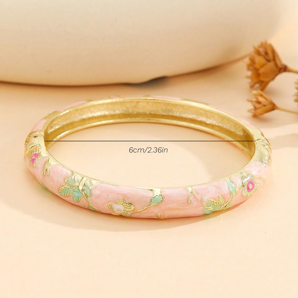 BlingNook Cloisonne Bracelet For Women, Chunky Bangle Trendy Cute Flower Enamel Bangles Multi Tone Engraved Cuff Gold Plated Bracelets Stackable Wife Jewelry Friendship Gift (Pink, One Size)