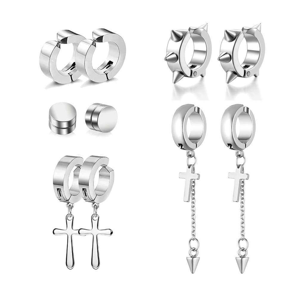 5 Pairs Black Stainless Steel Non-Piercing Spike Rivet Cross Dangle Tassel Clip on Hoop Earrings Set for Women Men, Non Pierced Fake Ear Clip Stud Earrings (Silver)