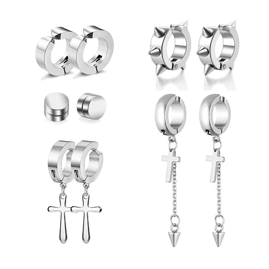 5 Pairs Black Stainless Steel Non-Piercing Spike Rivet Cross Dangle Tassel Clip on Hoop Earrings Set for Women Men, Non Pierced Fake Ear Clip Stud Earrings (Silver)