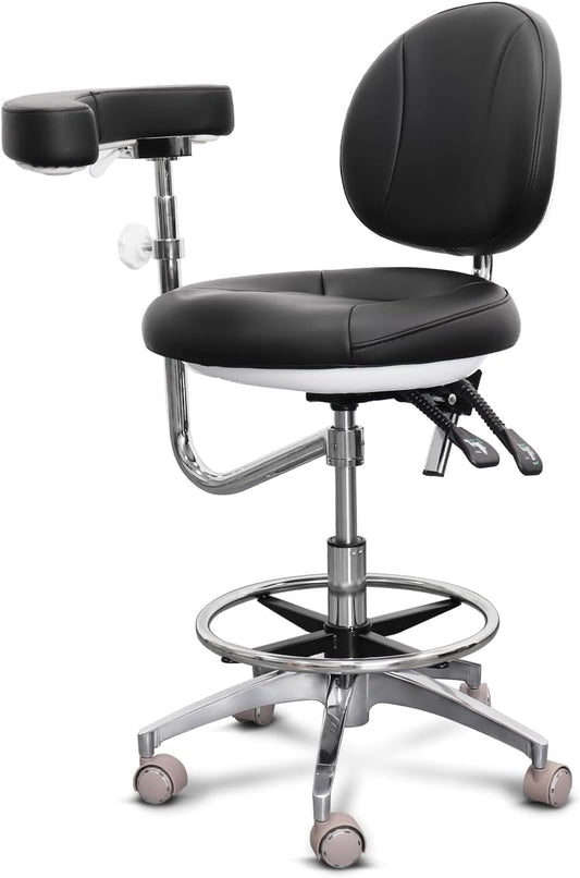 Medical Dental Assistant Chair with Rotatable Armrest Rolling Medical Chair Ergonomic Swivel Seating Back Support Dentist Stool for Clinics, Dental Offices, Labs-Black