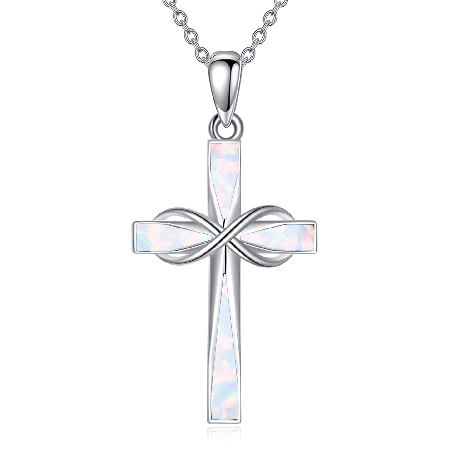 ONEFINITY Opal Cross Necklace 925 Sterling Silver Infinity Cross Pendant Necklace White Opal Jewelry Gifts for Women