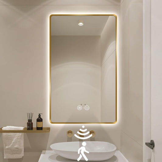 nolsia 36" H x 24" W Gold LED Bathroom Mirror, Smart Backlit Mirror with Infrared Motion Sensor Lights, Anti Fog, Stepless Dimmable & Color Temperature Adjustment, Wall Mounted Vanity Mirror, CRI≥93