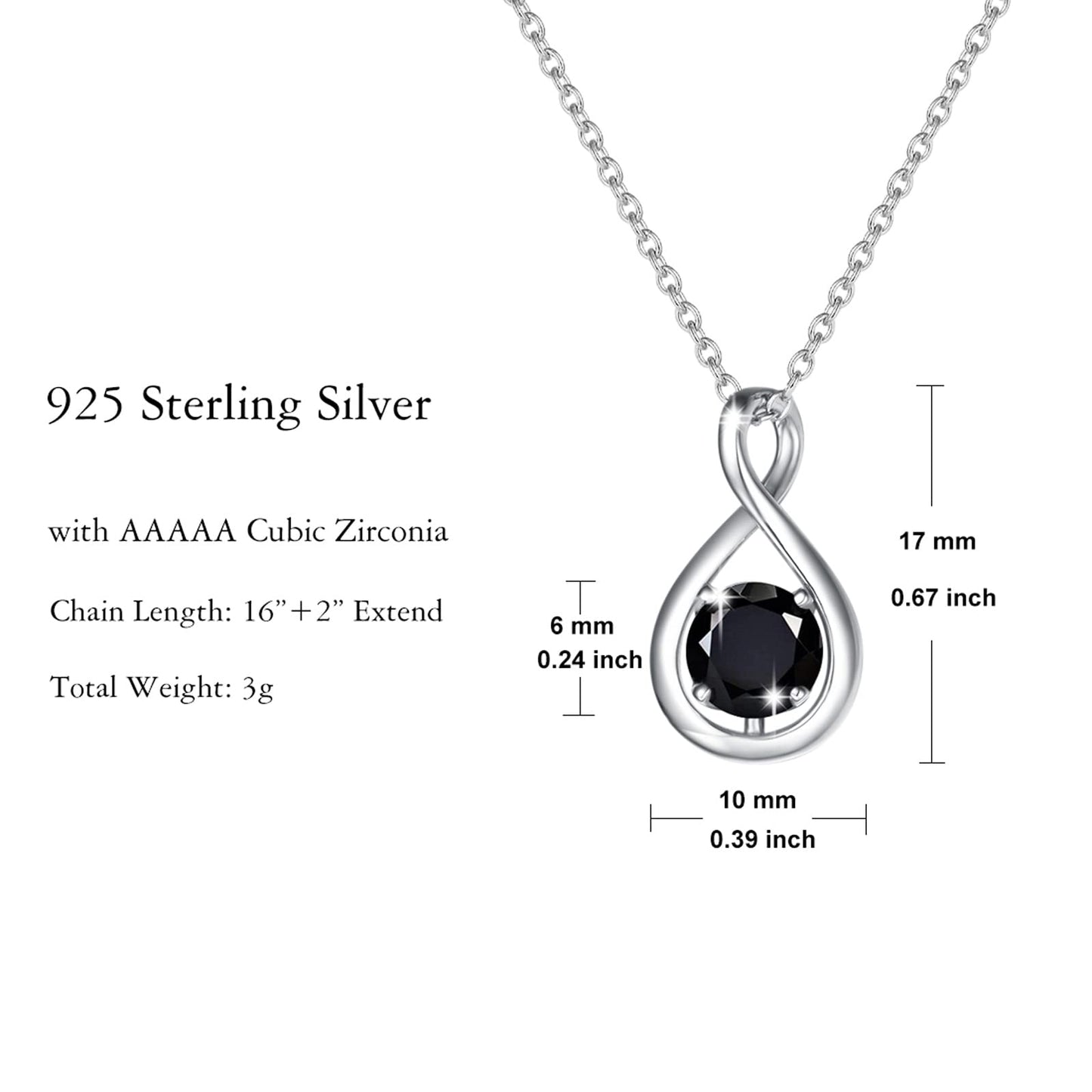 FANCIME Black Tourmaline Necklace Graduation Gift Sterling Silver Dainty Infinity Pendant Crystal Black Onyx Fine Gemstone Jewelry Anniversary Birthday Mothers Day Gifts for Women Her