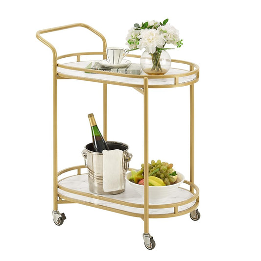 unipaws Bar Cart with Wheels, Easy Assembly Rolling Serving Bar Trolley with 2-Tier Shelves and Rotating Wheels for Home Kitchen Dining and Living Room (Gold & White)