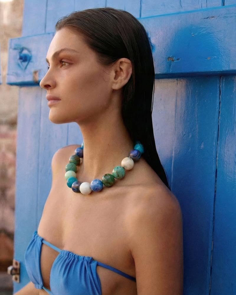 FAUTHENTICUTE Blue Beaded Choker Necklace for Women Boho Chunky Statement Necklace with Blue and Green Round Resin Beads Summer Beach Jewelry Gifts