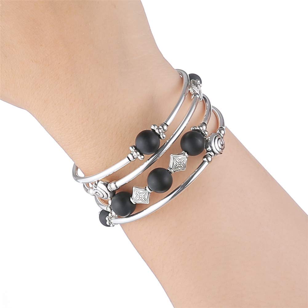 Beaded Pearl Bangle Wrap Bracelet - Fashion Bohemian Jewelry Multilayer Charm Bracelet with Thick Silver Metal Beads, Gift For Women(Matte Black)