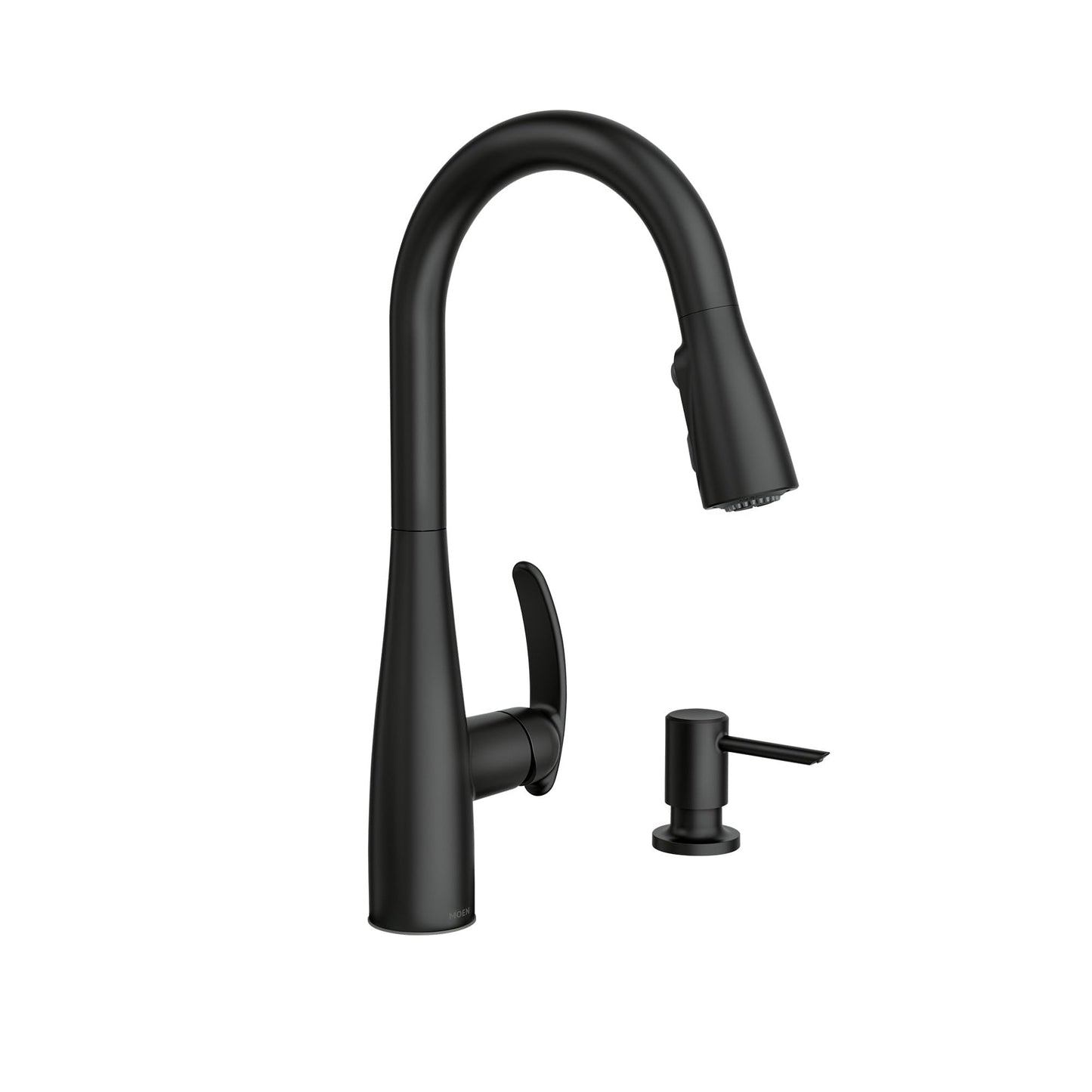 Moen Reyes Matte Black Pulldown Kitchen Faucet with Soap Dispenser and Power Boost, Transitional Kitchen Faucet, One-Handle High Arc, Easy Installation, 87932BL