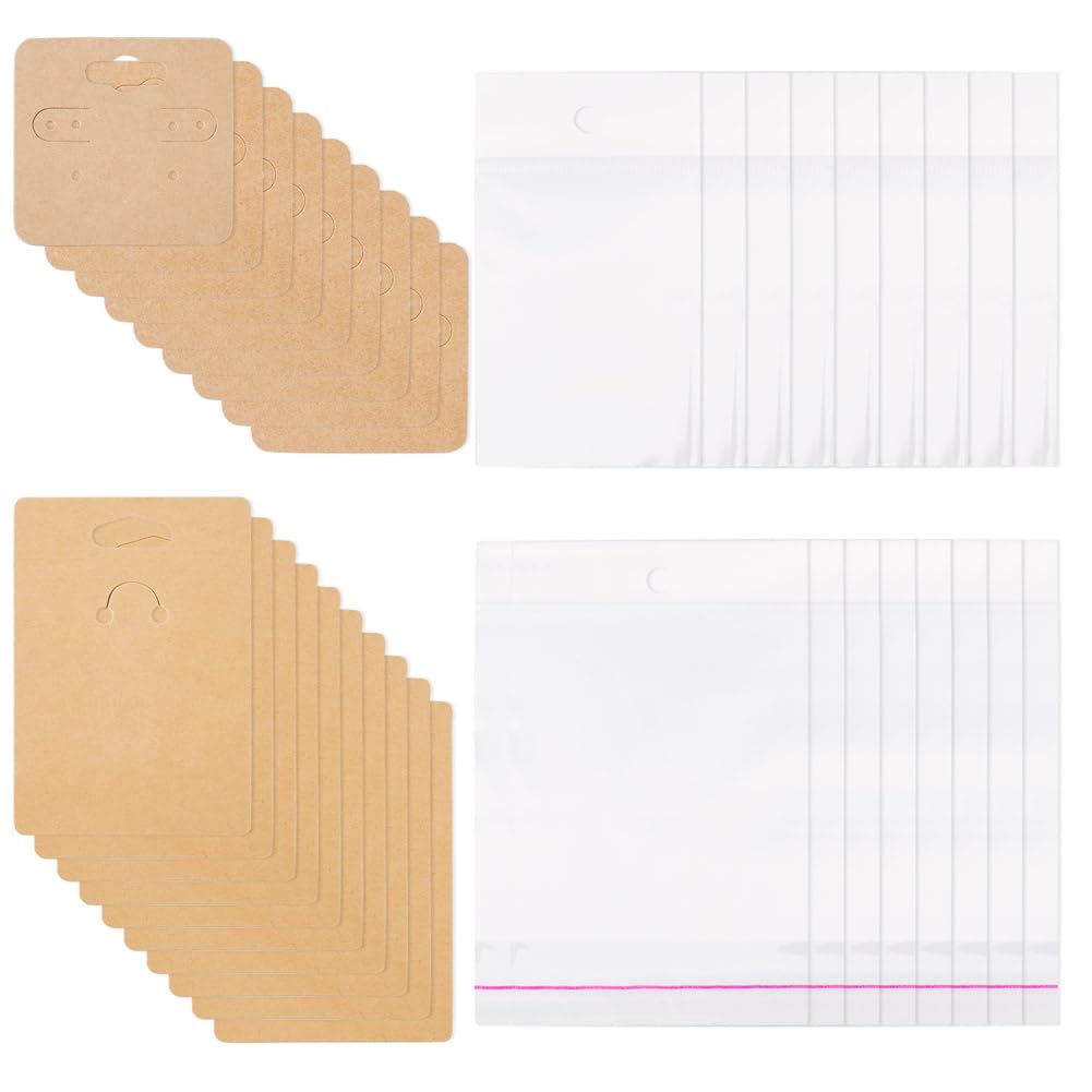 Handship 100Pcs Jewelry Display Cards with 100Pcs Clear Plastic Bags Square Paper Earring Necklace Card Holder Rectangle Keychain Display Cards for Selling Jewelry Packaging Supplies, BurlyWood