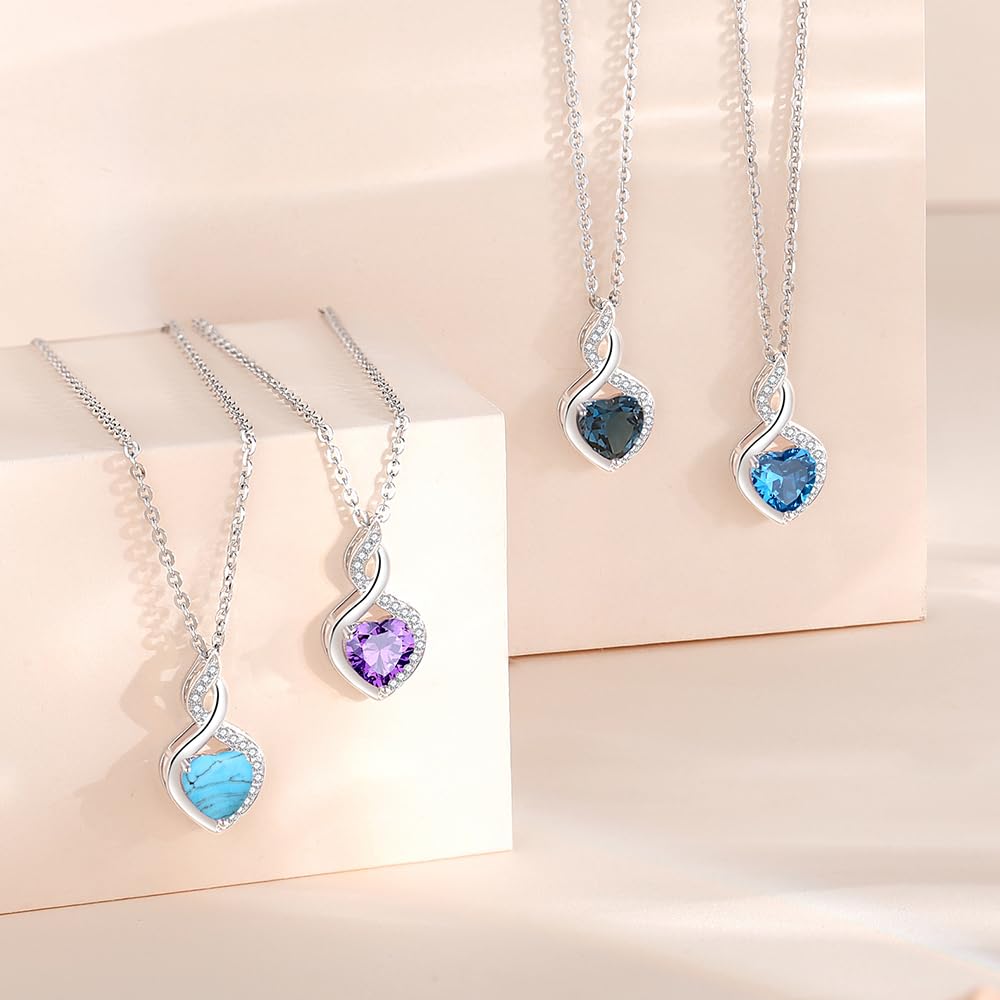 FANCIME Aquamarine Necklace 14K Solid White Gold Heart Pendant with Diamond March Birthstone Necklace Jewelry Gifts for Mom Women
