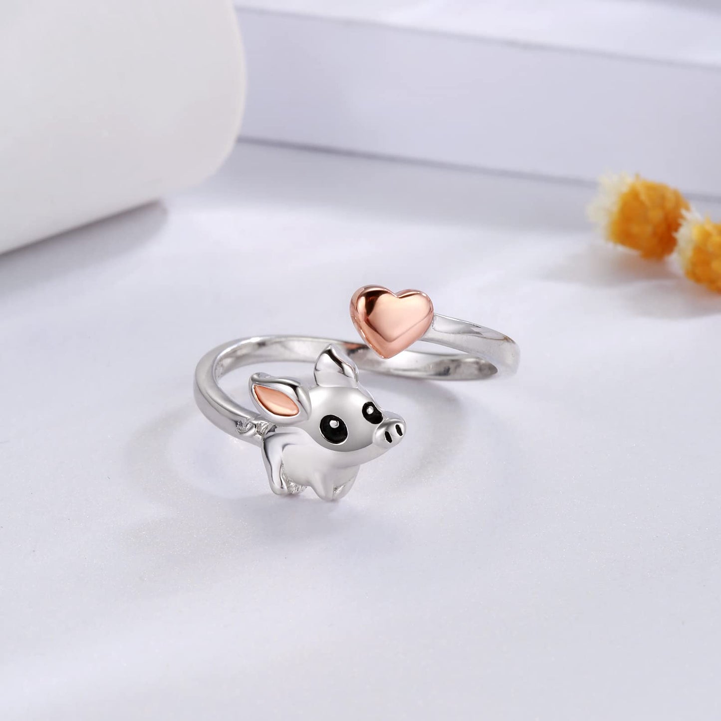 Zepmais 925 Sterling Silver Animal Ring - Adjustable Open Owl Axolotl Rings with Heart Cubic Zirconia Opal Cute Animals Jewelry Gifts for Women (Pig)