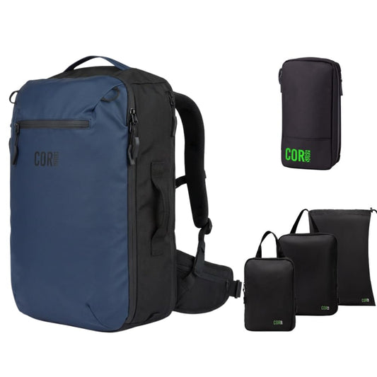 COR Surf Carry On Travel Backpack Bundle | Island Hopper Travel Backpack with Toiletry Bag and Compression Packing Cube Set (40L, Navy Blue)