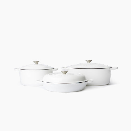 Larder & Vine 6-Piece Enameled Cast Iron Pan Cookware Sets, Includes 8 Quart and 5.7 Quart Dutch Oven with Lids, Braiser/Crock Pot with Lid (White)