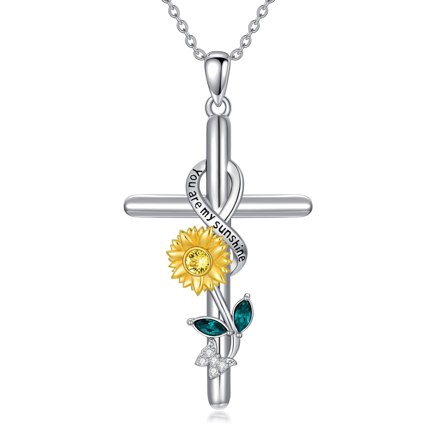 Flpruy Sunflower Necklace for Women 925 Sterling Silver Sunflower Cross Pendant Necklace You Are My Sunshine Necklace Sunflower Jewelry Gifts for Mom Wife Sister