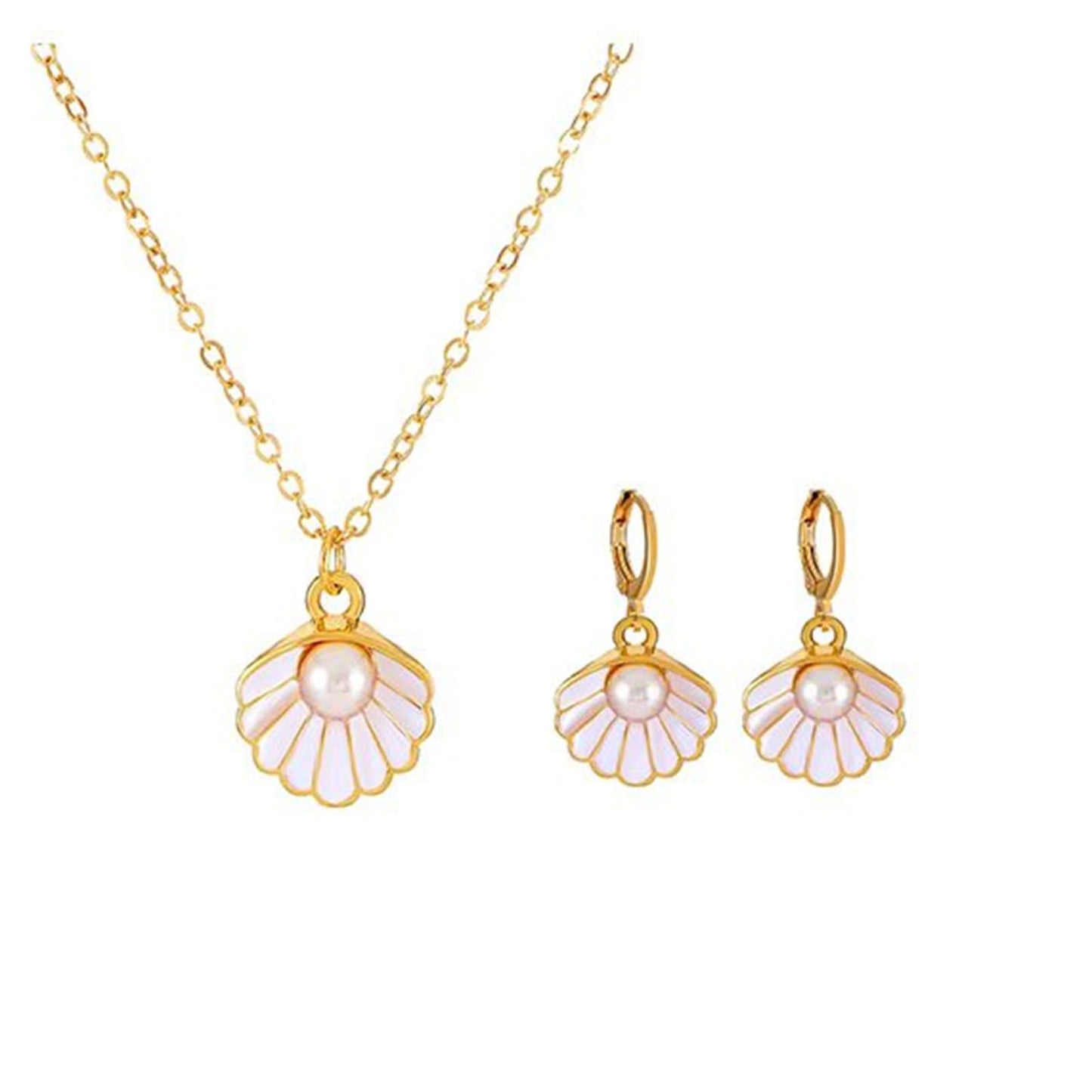 Seashell Pearl Pendant Necklace Gold Plated Boho Enamel Pink Blue Scallop Sea Shell Starfish Ocean Animal Chain Necklace for Women Hawaiian Summer Beach Holiday Fashion Jewelry Gifts (White jewelry set)