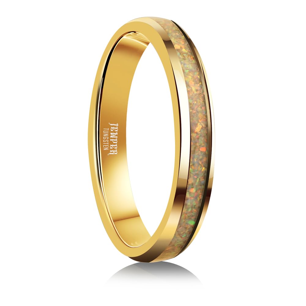 JEWPER 4mm Men Womens Wedding Band Tungsten Rings Gold Fashion Promise Carbide Inlaid White Opal Matte Finish Edge Comfort Fit Size(5)