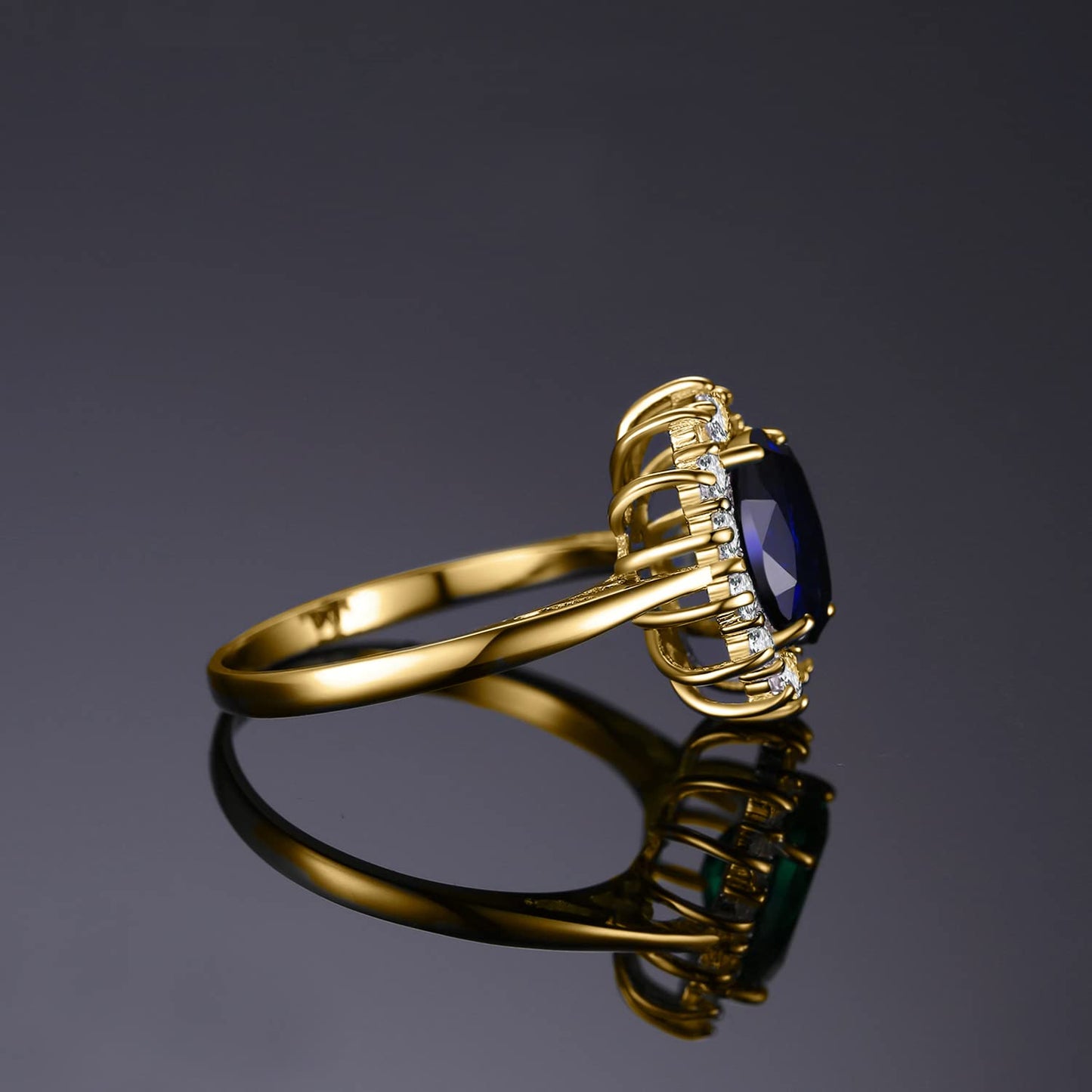 JewelryPalace Princess Diana Kate Middleton Gemstone Birthstone Blue Sapphire Halo Statement Engagement Rings for Women, 14K Yellow Gold Plated 925 Sterling Silver Promise Rings for Her Size 10.5