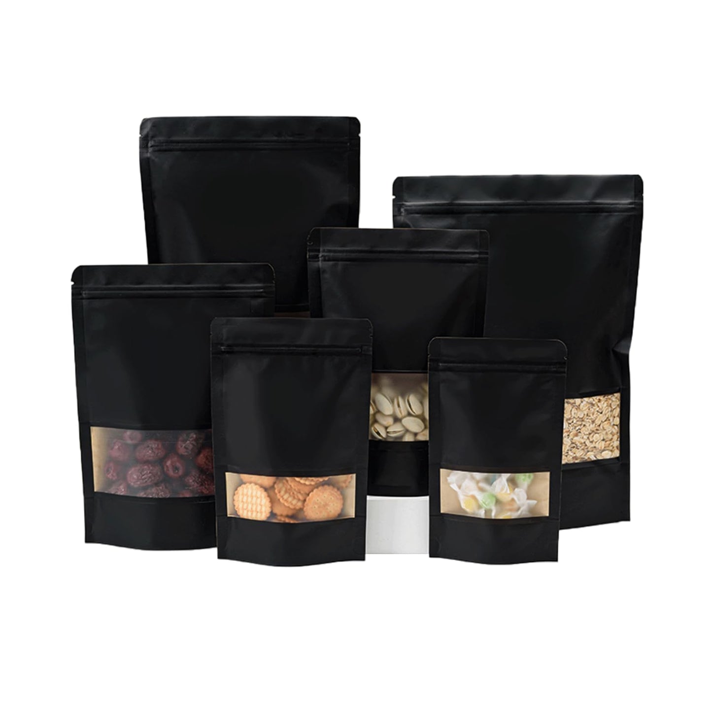 Roppolo 100 Pcs 4 x 6 Inch Stand Up Black Kraft Paper Bags with Matte Window, Resealable Zip Lock Food Storage Bags, Reusable & Heat Sealable for Packaging