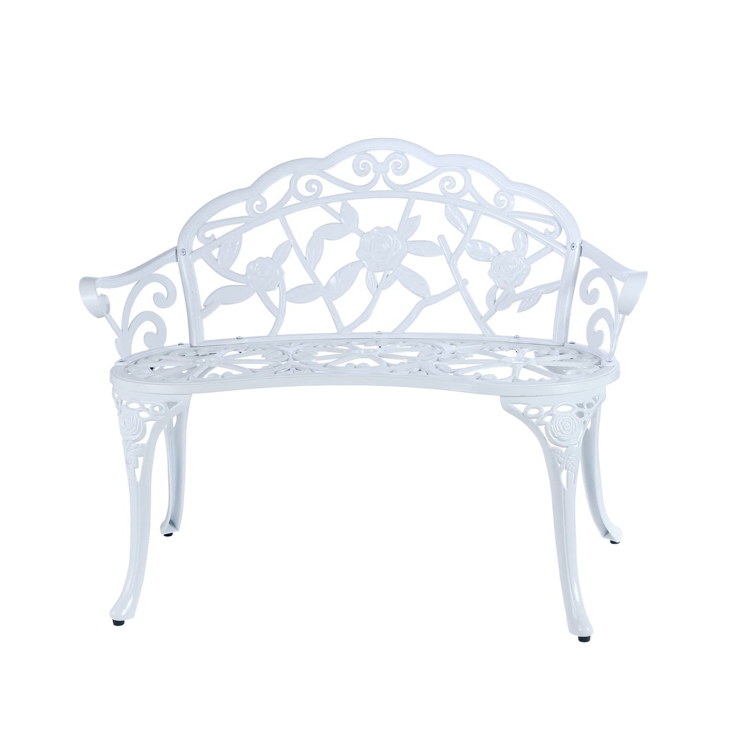 YKSY&YKSY Patio Garden Bench Metal Park Bench Cast Aluminum Outdoor Furniture with Floral Rose for Patio,Park,Lawn,Yard (White)